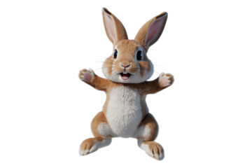 Adorable 3D rendered bunny rabbit with open arms, expressing joy and happiness. background removed