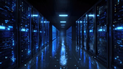 Server room hallway bathed in vibrant blue light.  Rows of server cabinets illuminate the corridor with digital data displays.  Reflecting surfaces highlight the technology