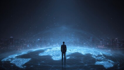 A man stands on a glowing, digital representation of the Earth, viewed from above.  A city skyline is visible around the globe