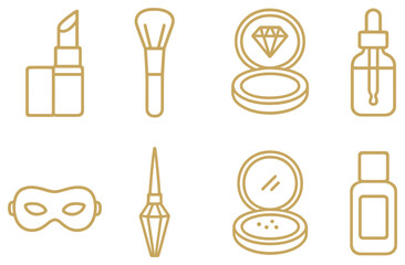 Beauty and makeup linear icon set. featuring lipstick, brush, compact, serum, mask, nail polish