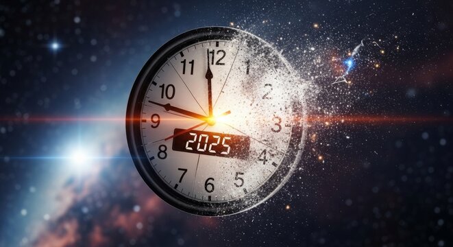 Countdown to 2025 with a stunning clock dissolving into cosmic space and stardust for a new era - Powered by Adobe