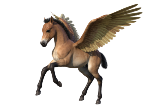A digitally rendered image of a winged horse foal, also known as a hippogriff, with a tan coat and dark legs, against a transparent background. background removed