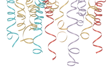 Colorful curling ribbons on transparent background, perfect for party decorations or festive designs. background removed