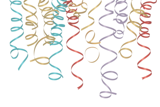 Colorful curling ribbons on transparent background, perfect for party decorations or festive designs. background removed