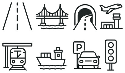Transportation linear icon set. featuring road, bridge, tunnel, airplane, train, ship, parking, and traffic light symbols