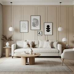 Elegant Living Room Interior Design with Minimalist Art and Neutral Tones Promoting Serenity and Modern Aesthetic