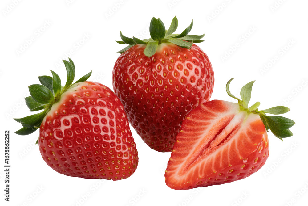 Poster three ripe strawberries, two whole and one sliced, isolated on a transparent background. background 
