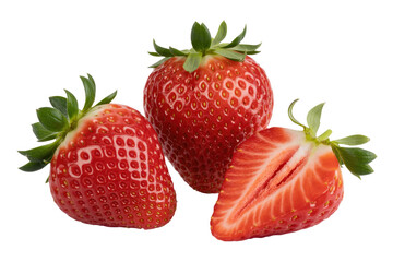 Three ripe strawberries, two whole and one sliced, isolated on a transparent background. background removed