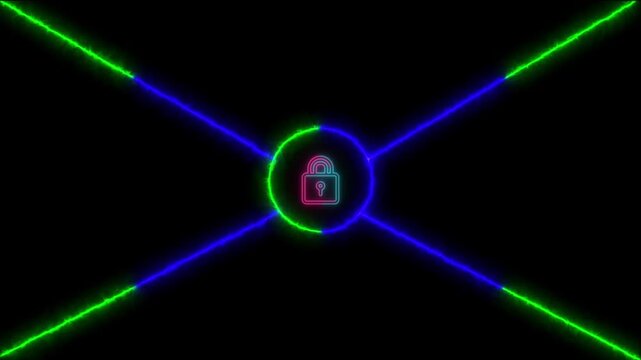 Futuristic Neon Lock Symbol Enclosed in a Circular Frame with Intersecting  Lines Against a Dark Background.