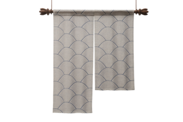 Beige fabric panels with a wave pattern hang from a brown rod against a transparent background. background removed
