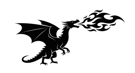 Fiery Black Dragon Silhouette, Mythical Creature Design.