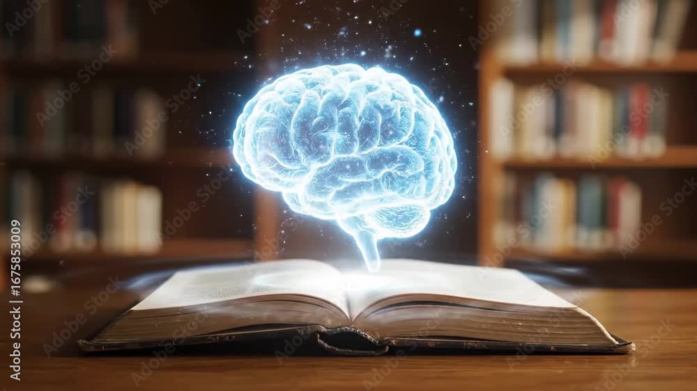 Poster glowing brain above open book in library - a glowing, translucent brain hovers above an open antique