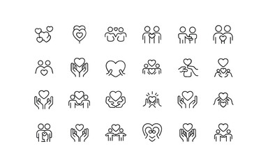 Collection of romantic and caring hand gestures and heart symbols celebrating love and connection white background