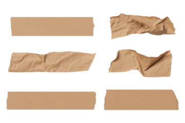 Collection of six brown paper pieces, some flat, some crumpled, isolated on a transparent background. background removed