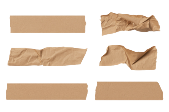 Collection of six brown paper pieces, some flat, some crumpled, isolated on a transparent background. background removed