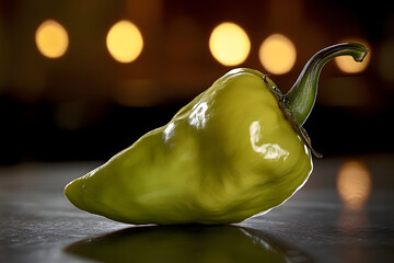 Close-up of a Single Anaheim Pepper on Dark Surface with Bokeh Lights