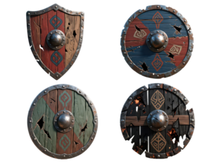 Four weathered, detailed wooden shields with metal bosses, showcasing intricate designs and damage.