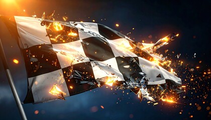Checkered flag exploding with sparks and flames