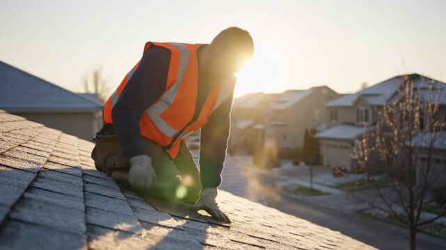 Roofer Installing Asphalt Shingles on Frosty Roof at Sunrise - A male roofer wearing an orange safety vest works on a frost-covered roof at sunrise.
