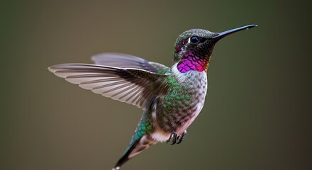A stunning close-up of a hummingbird in flight, showcasing intricate patterns and vibrant colors against a soft, muted background.