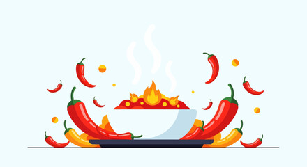 A steaming white bowl of fiery chili soup with flames, surrounded by an explosion of fresh red and yellow chili peppers in a flat illustration style.