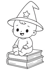 coloring book baby wizard sitting on books wearing hat and smiling with magic charm