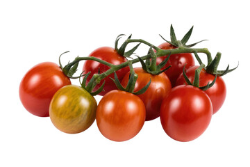 A bunch of ripe red and green cherry tomatoes on the vine, isolated on a transparent background. background removed