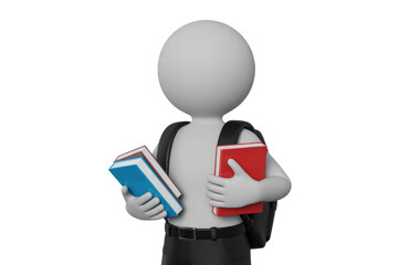 A 3D rendered student figure carries books and a backpack, ready for school. background removed