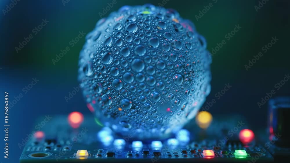Poster water droplets on sphere above glowing circuit board - close-up abstract view of a clear sphere cove