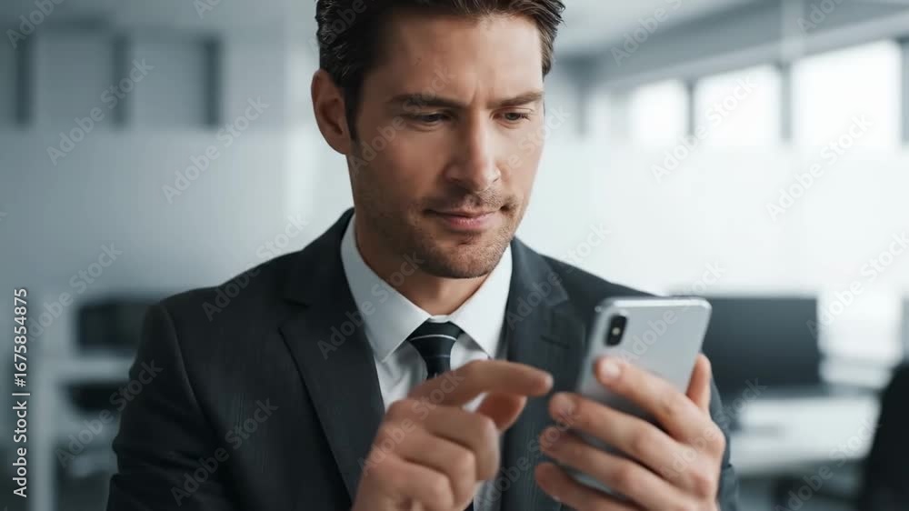 Poster businessman using ai chatbot app on smartphone - a focused businessman in a suit uses his smartphone