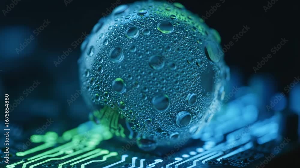 Poster water droplets on sphere over circuit board - a close-up abstract shot of a clear sphere covered in 