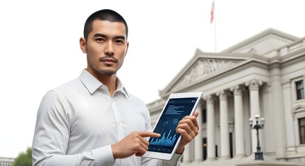 Professional man engaging with digital data on a tablet, set against a stately institutional building, symbolizing modern analytics in business and public administration