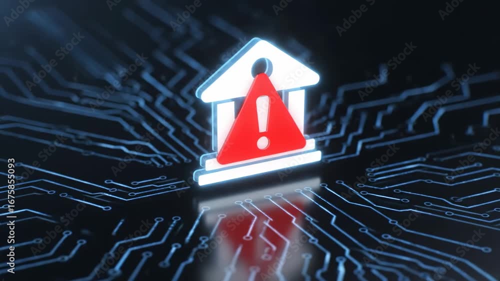 Poster ai payment security alert - a digital illustration shows a bank icon and a red alert triangle on a c