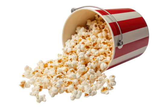 A red and white striped popcorn bucket spills its delicious contents onto a transparent background. background removed