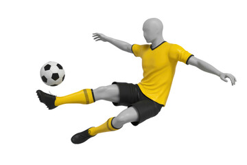 A 3D render of a soccer player in a yellow jersey, mid-kick, isolated on a transparent background. background removed