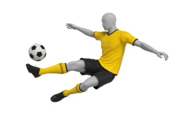 A 3D render of a soccer player in a yellow jersey, mid-kick, isolated on a transparent background. background removed