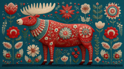 Fototapeta premium Vibrant Christmas reindeer decoration featuring traditional folk art style with colorful winter motifs and intricate craft design for seasonal holiday decor