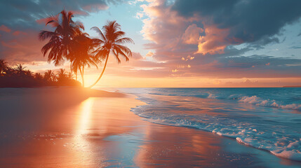Stunning Tropical Sunset: Beach, Palm Trees, Ocean Waves