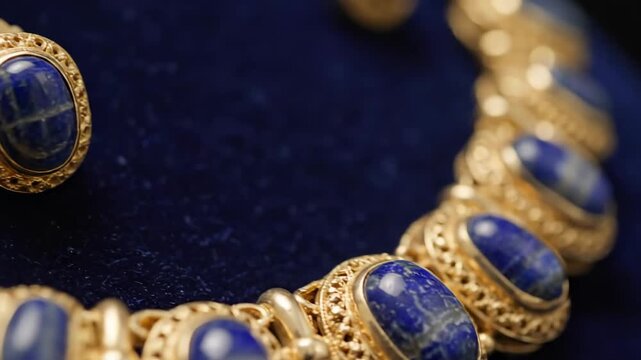 Gold Bracelet with Lapis Lazuli Gemstones - Close-up view of an ornate gold bracelet featuring oval-shaped lapis lazuli gemstones set in intricate gold filigree.