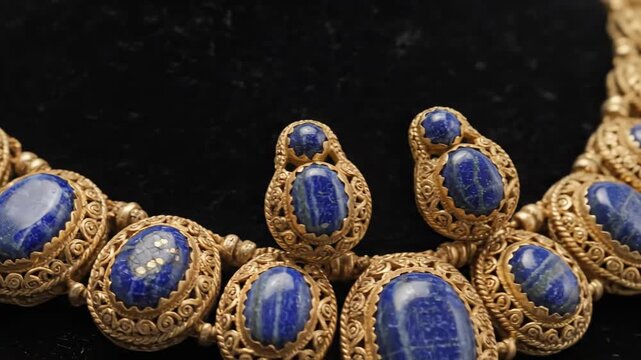 Ancient Gold Necklace with Lapis Lazuli - Close-up view of an antique gold necklace adorned with oval-shaped lapis lazuli gemstones, intricate detailing in the gold setting, and matching earrings.