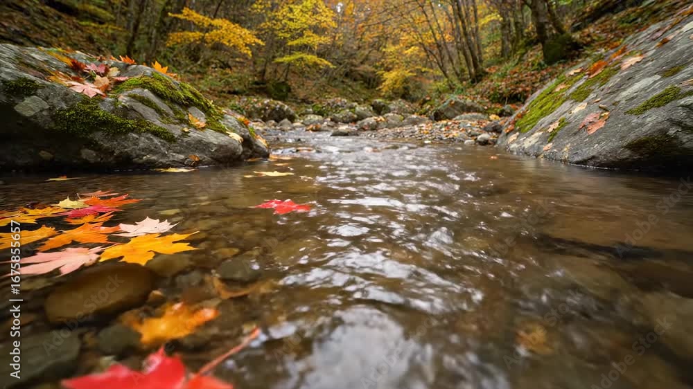 Poster autumn stream with falling leaves - colorful autumn leaves float on a shallow, clear stream nestled 
