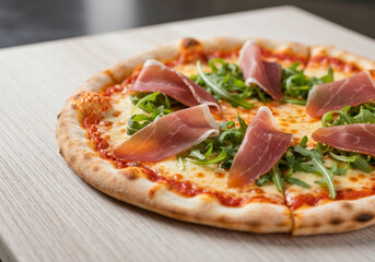 A freshly baked pizza topped with savory salami slices and juicy tomatoes, melted cheese, and a golden, crispy