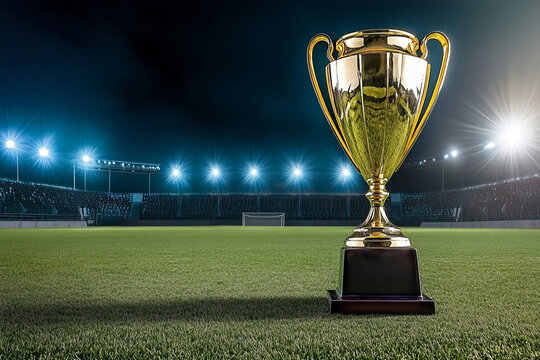 Golden trophy cup on football stadium field under bright lights symbolizing victory, achievement, and championship success