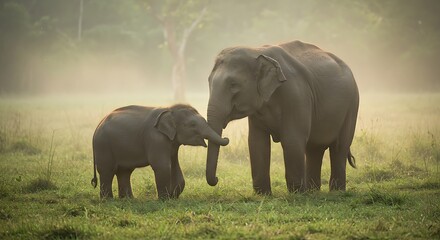 Fototapeta premium Two elephants, a mother and calf, interact gently in a grassy meadow bathed in soft morning light.