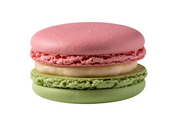 A delectable three-layered macaron with pink, cream, and green shells. background removed