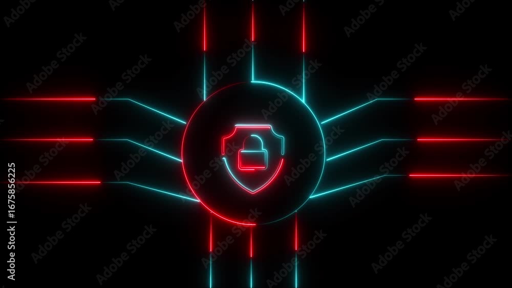 Poster neon shield and lock symbol encircled by radiating creating a digital security theme on a dark backg