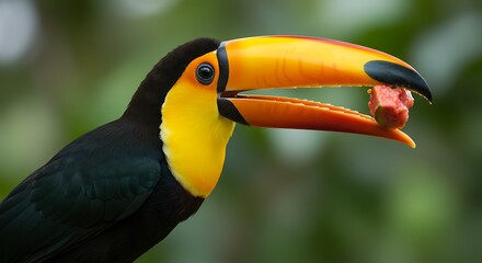 Obraz premium A vibrant toucan, showcasing a striking orange-yellow beak and black plumage, holds a piece of guava.