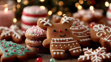 Obraz premium Delicious Christmas cookies with festive decorations, colorful gingerbread treats, and handcrafted bakery delights perfect for holiday celebrations and seasonal joy