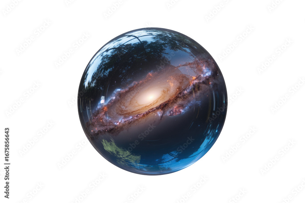 Poster a spiral galaxy contained within a transparent sphere against a transparent background. background r