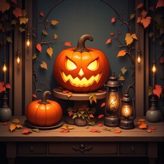 Obraz premium Rustic Halloween Scene With Lantern And Pumpkin